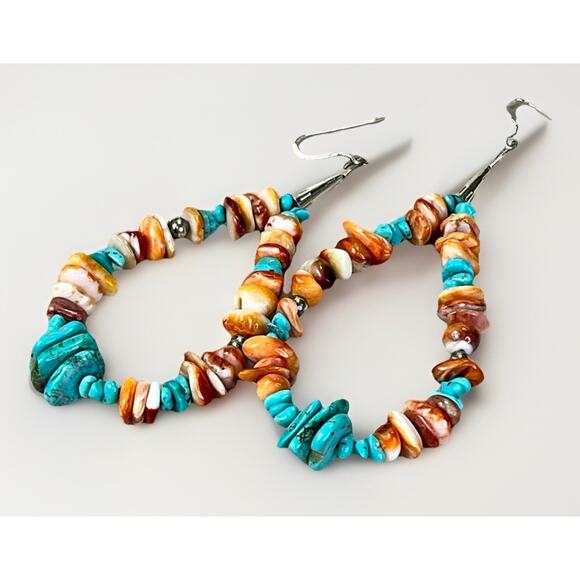 Native American Loop Dangle Earrings 925 Santo Domingo Kewa Pueblo Spiny Oyster - Picture 2 of 12